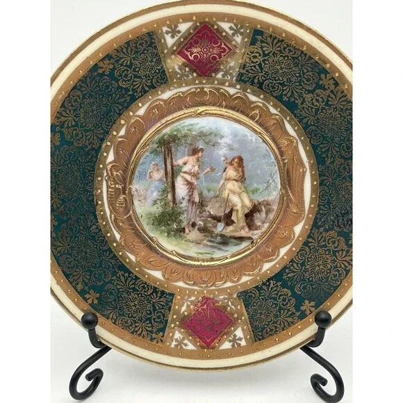 Antique Austrian Royal Vienna Style 9" Hand Painted Porcelain Plate Sappho Gilt - Picture 4 of 7
